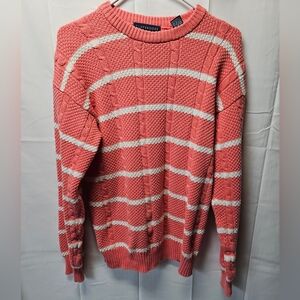 Claybrooke Coral and White Striped Cable-Textured Crewneck Sweater